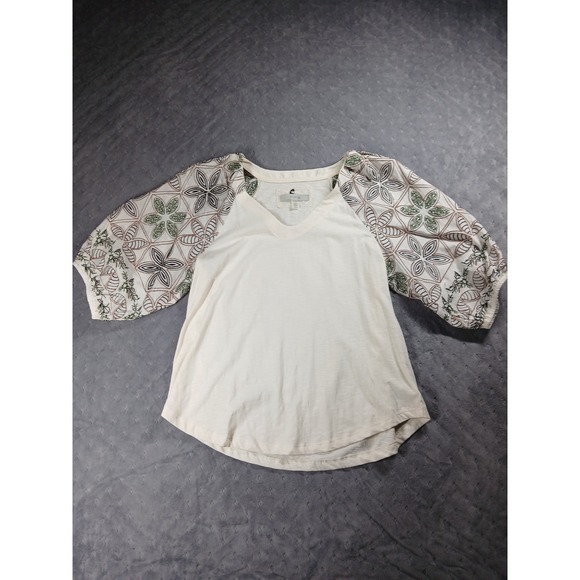 Cupio Tops - Cupio Womens Medium White V-Neck Top Embroidered Puff Raglan Sleeve Slub Knit